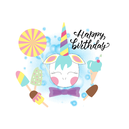 Hand drawn HAPPY BIRTHDAY typography poster. Celebration quotation for card, postcard, event, icon, badge.のイラスト素材