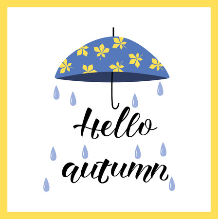 Hand drawn HELLO AUTUMN- Loyout design with blue rubber boots and umbrella.Celebration quotation for card, postcard, event icon.のイラスト素材