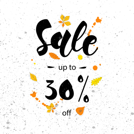 SALE- 30% OFF - hand drawn lettering card background. Layout design  with leaves, frame for  banner, flyer, invitation, poster, discount.のイラスト素材