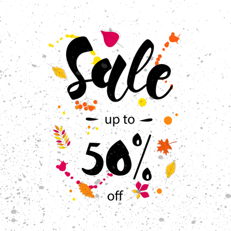 SALE- 50% OFF - hand drawn lettering card background. Layout design  with leaves, frame for  banner, flyer, invitation, poster, discount.のイラスト素材