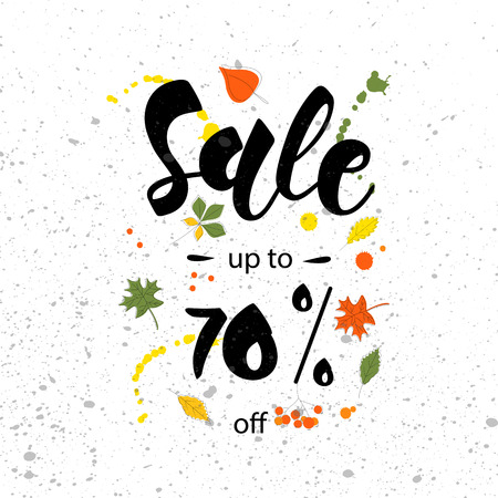 SALE- 70% OFF - hand drawn lettering card background. Layout design  with leaves, frame for  banner, flyer, invitation, poster, discount.のイラスト素材