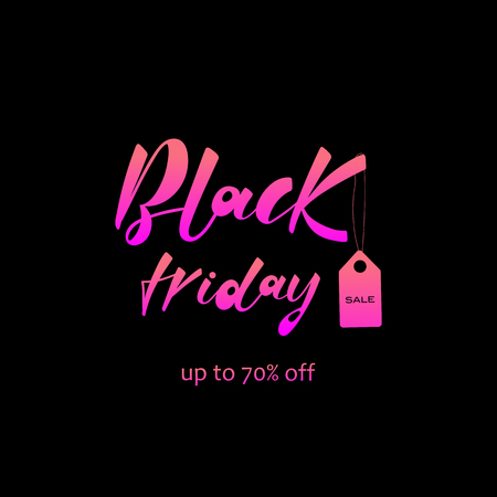 Hand drawn BLACK FRIDAY typography poster. Magenta color lettering text on a black background. Text for card, postcard,   badge.  Vector illustration EPS 10のイラスト素材