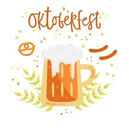 Oktoberfest hand drawn vector lettering and beer mug foam with pretzel, sausage.のイラスト素材