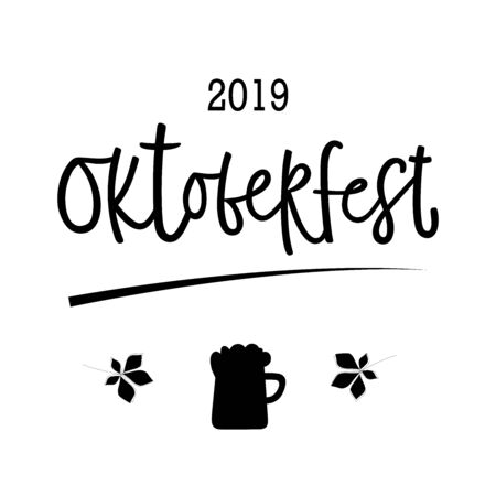 Oktoberfest banner 2019. Black hand drawn vector lettering and beer mug foam with maple leaves on white background.のイラスト素材