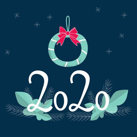 2020 vision. White Numbers 2020 with mint leaves, christmas wreath on dark background. Perfect for poster, postcard, card, invitation, banner, flyer. Vector illustrationのイラスト素材