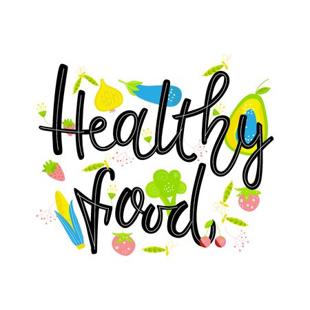 Hand drawn HEALTHY FOOD. Vegetables and fruits on white background with black lettering. The design concept of healthy food, vegetarian, yoga.のイラスト素材