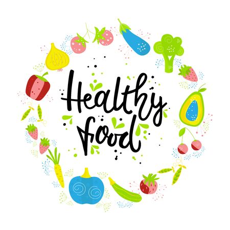 Hand drawn HEALTHY FOOD. Vegetables and fruits on white background with black lettering. The design concept of healthy food, vegetarian, yoga.のイラスト素材