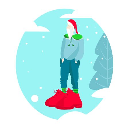 YOUNG CHRISTMAS GNOME in big red boots and red hat on blue winter background. Perfect for postcard, card, invitation, banner, flyer. Vector illustrationのイラスト素材