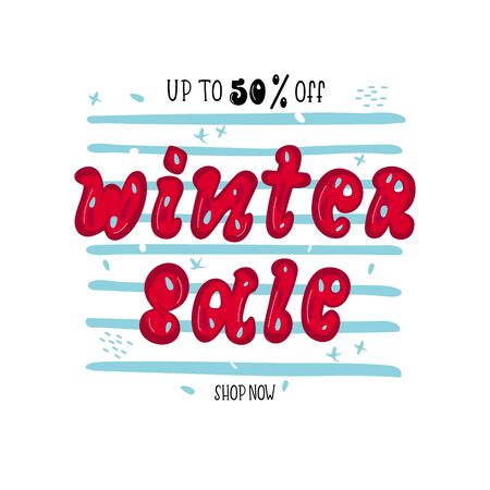 WINTER SALE-hand drawn fun lettering card background. Blue and red color winter layout design for banner, flyer, invitation, poster, discount. Vector illustration.のイラスト素材