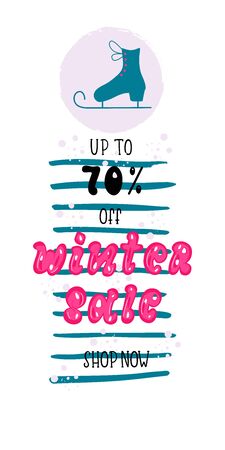 WINTER SALE-hand drawn lettering card background. Pink volumetric inscription with skates. Design sportswear, clothes for  banner, flyer, invitation, poster, discount. Vector illustration.のイラスト素材