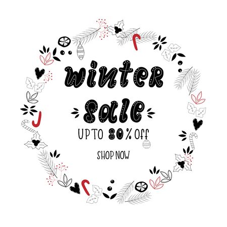 WINTER SALE-hand drawn lettering card background. Vector vintage style winter calligraphy. Black Lettering with new year wreath or banner, flyer, invitation, poster, discount. Vector illustration.のイラスト素材
