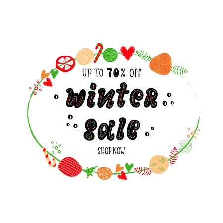 WINTER SALE-hand drawn fun lettering card background. Black Lettering with bright new year wreath or banner, flyer, invitation, poster, discount. Vector illustration.のイラスト素材