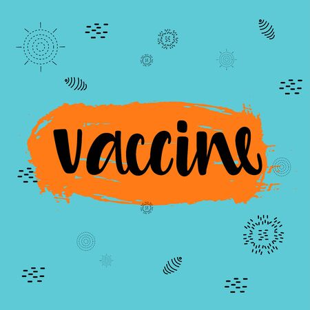 Handwritten VACCINE with virus on orange and blue background. Vector illustration in cartoon styleのイラスト素材