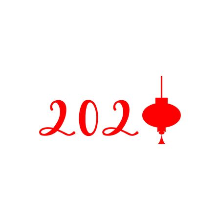 2020 CHINESE NEW YEAR-red inscription with chinese lantern on a white background. Minimalist style. Perfect for poster, postcard, card, invitation, banner, flyer. Vector illustration  のイラスト素材