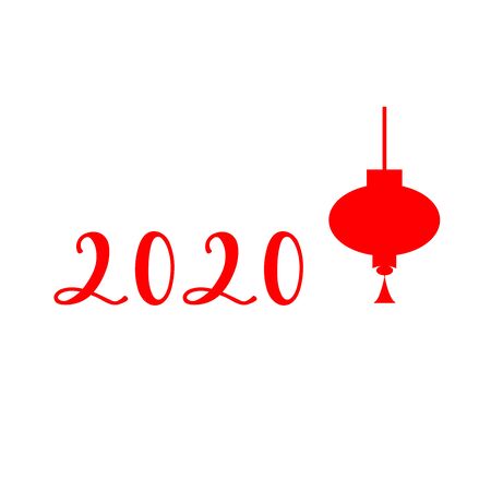 2020 CHINESE NEW YEAR-red inscription with chinese lantern on a white background. Minimalist style. Perfect for poster, postcard, card, invitation, banner, flyer. Vector illustration  のイラスト素材