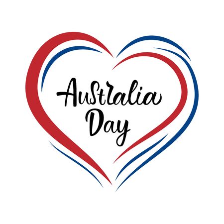 Hand drawn AUSTRALIA DAY typography poster. Celebration quotation for card, banner,  icon. Black lettering with blue or red heart on white background. Vector illustrationのイラスト素材
