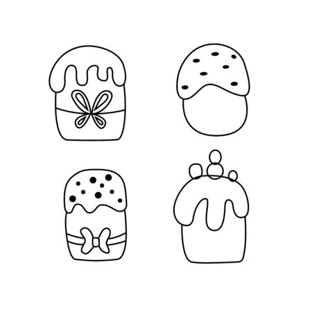 EASTER VECTOR SET- Vector hand drawn outline illustration of Traditional Easter dishes set. Black contour doodle, line art. Easter decoration. Coloring book design element. Poster, greeting card template.のイラスト素材