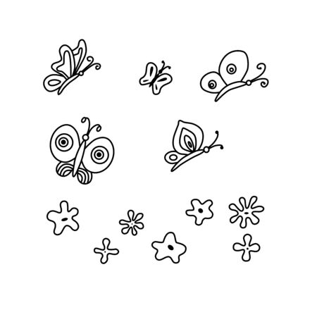 EASTER VECTOR SET- Vector hand drawn outline illustration of Easter spring butterfly  and  flower set. Black contour doodle, line art. Easter decoration. Coloring book design element. Poster, greeting card template.のイラスト素材
