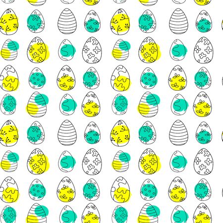 EASTER PATTERN- Vector hand drawn outline illustration of Easter egg. Black contour doodle with yellow and green color, line art. Perfect for wrapping, ornament, wallpaper, album, scrapbook. Vector illustrationのイラスト素材