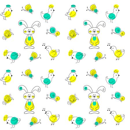 EASTER PATTERN- Vector hand drawn outline illustration of Easter chicken and bunny. Black contour doodle with yellow and green color, line art. Perfect for wrapping, ornament, wallpaper, album, scrapbook. Vector illustrationのイラスト素材