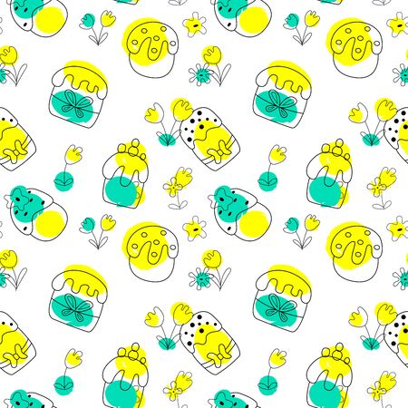 EASTER PATTERN- Vector hand drawn outline illustration of Easter dishes. Black contour doodle with yellow and green color, line art. Perfect for wrapping, ornament, wallpaper, album, scrapbook. Vector illustrationのイラスト素材