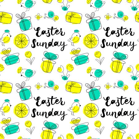 EASTER PATTERN- Vector hand drawn outline illustration of Easter with lettering. Black contour doodle with yellow and green color, line art. Perfect for wrapping, ornament, wallpaper, album, scrapbook. Vector illustrationのイラスト素材