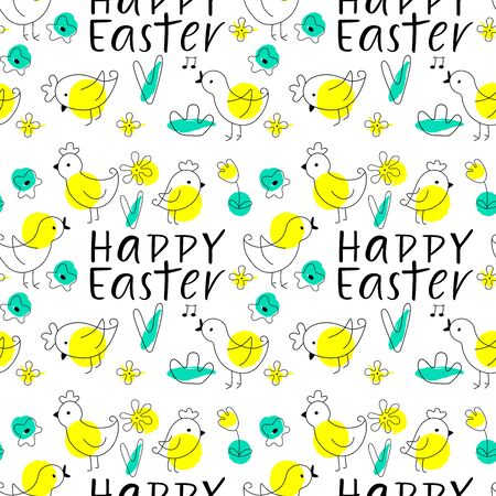 EASTER PATTERN- Vector hand drawn outline illustration of Easter with lettering. Black contour doodle with yellow and green color, line art. Perfect for wrapping, ornament, wallpaper, album, scrapbook. Vector illustrationのイラスト素材