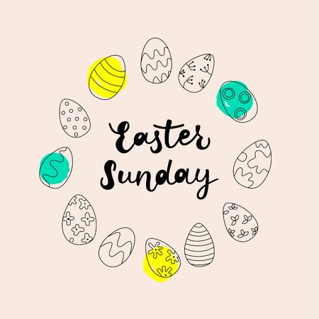 EASTER SUNDAY Vector hand drawn outline illustration wiht black lettering of Easter. Perfect for advertising, poster, postcard, card, invitation, banner, lettering typography. Minimalist style.のイラスト素材