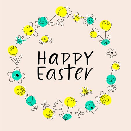 HAPPY EASTER Vector hand drawn outline illustration wiht black lettering of Easter. Perfect for advertising, poster, postcard, card, invitation, banner, lettering typography. Minimalist style.のイラスト素材