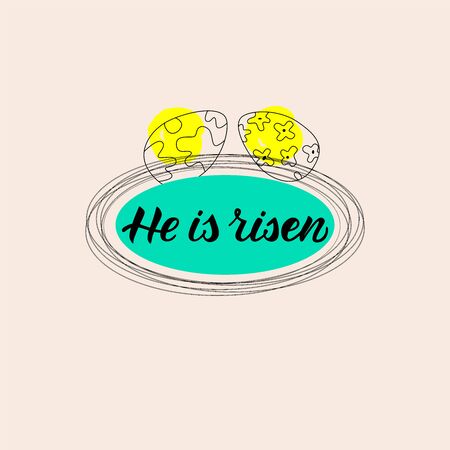 HE IS RISEN Vector hand drawn outline illustration wiht black lettering of Easter. Perfect for advertising, poster, postcard, card, invitation, banner, lettering typography. Minimalist style.のイラスト素材