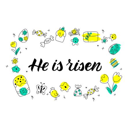 HE IS RISEN Vector hand drawn outline illustration wiht black lettering of Easter. Perfect for advertising, poster, postcard, card, invitation, banner, lettering typography. Minimalist style.のイラスト素材