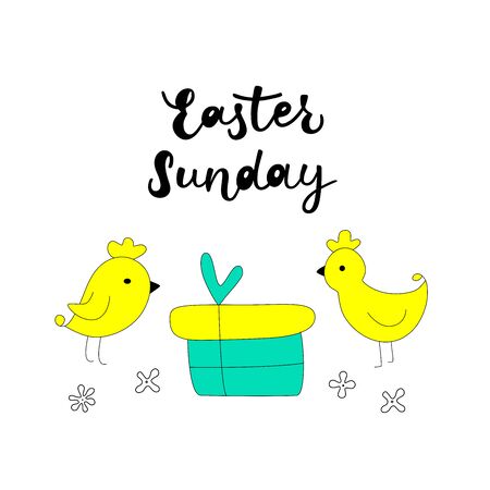 EASTER SUNDAY Vector hand drawn outline illustration wiht black lettering of Easter. Chickens with a gift. Minimalist style. Card, bannerのイラスト素材