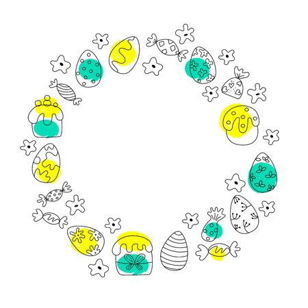 EASTER FRAME. Space for text. Vector hand drawn outline illustration wiht black lettering of Easter. Perfect for advertising, poster, postcard, card, invitation, banner, lettering typography. Minimalist style.のイラスト素材