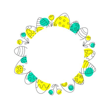 EASTER FRAME. Space for text. Vector hand drawn outline illustration wiht black lettering of Easter. Perfect for advertising, poster, postcard, card, invitation, banner, lettering typography. Minimalist style.のイラスト素材