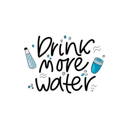 DRINK MORE WATER-hand drawn lettering text of Coronavirus `COVID-19. Protection measures wasing hands. Personal hygiene. Vector illustration in cartoon style on white background.のイラスト素材