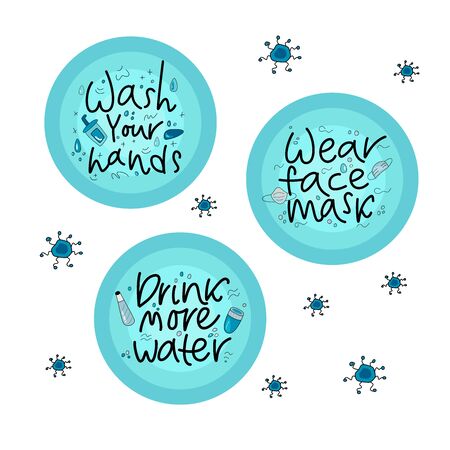 Simple lettering text of Coronavirus `COVID-19. Set of isolated vector illustration in cartoon style. Protection measures wasing hands. Personal hygiene. Vector illustration on white background.のイラスト素材