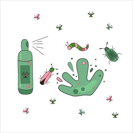 Insect spray. Hand drawn vector illustration. Mosquitoes, caterpillar with spray on background. Black contour doodle, line art. For card, badge. Minimalist, cartoon style.のイラスト素材