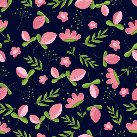 Seamless vector pattern with pink flower and green leaves on dark background. Can be used for greetings, invitations, manufacture wrapping paper, textile, wedding and web design. Vector illustration
のイラスト素材