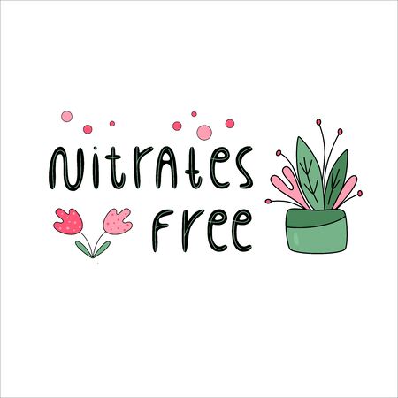 NITRATES FREE hand drawn vector illustration. Black lettering with green and pink plant on white background.Minimalist, cartoon style.For banner, flyer, poster, card, badge.のイラスト素材