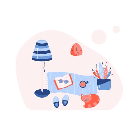 READING BOOK. Cozy home concept. Book, floor lamp, carpet, cat, open book with glasses. Vector illustration flat cartoon style. のイラスト素材