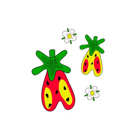 Set of STRAWBERRY with flowers. Hand drawn bright color vector illustration on white background. Flat cartoon style.  Organic healthy fruit. Perfect for magazine, book, poster, card, web pagesのイラスト素材