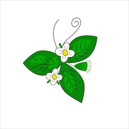 STRAWBERRY leaf with flowers. Hand drawn bright color vector illustration on white background. Flat cartoon style.  Organic healthy fruit. Perfect for magazine, book, poster, card, web pages&#xA;のイラスト素材