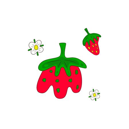 Set of STRAWBERRY with flowers. Hand drawn bright color vector illustration on white background. Flat cartoon style.  Organic healthy fruit. Perfect for magazine, book, poster, card, web pagesのイラスト素材