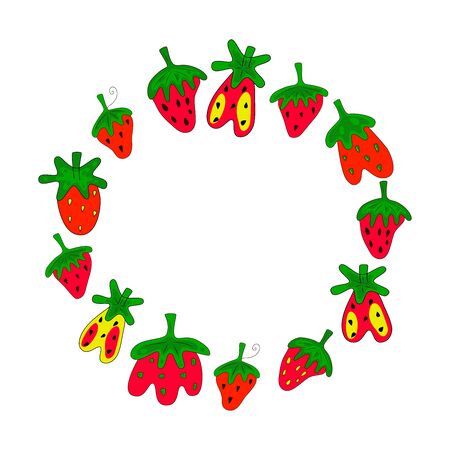 Circle shaped STRAWBERRY set. Hand drawn bright color vector illustration on white background. Flat cartoon style.  Organic healthy fruit. Perfect for magazine, book, poster, card, web pagesのイラスト素材