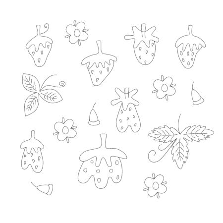 Set vector hand drawn outline illustration of STRAWBERRY. Black contour doodle, line art. . Flat cartoon style. Organic healthy fruit. Perfect for magazine, book, poster, card, web pages.のイラスト素材