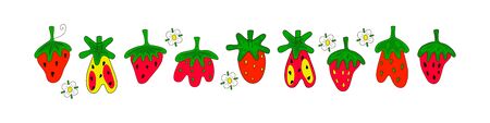 Horizontal STRAWBERRY set. Hand drawn bright color vector illustration on white background. Flat cartoon style.  Organic healthy fruit. Perfect for magazine, book, poster, card, web pagesのイラスト素材