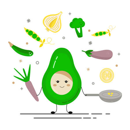 The icon of the avocado. Happy avocado girl smiles. Creative design for card, banner, poster, sticker, logo, badge. Vector illustration flat cartoon style.のイラスト素材