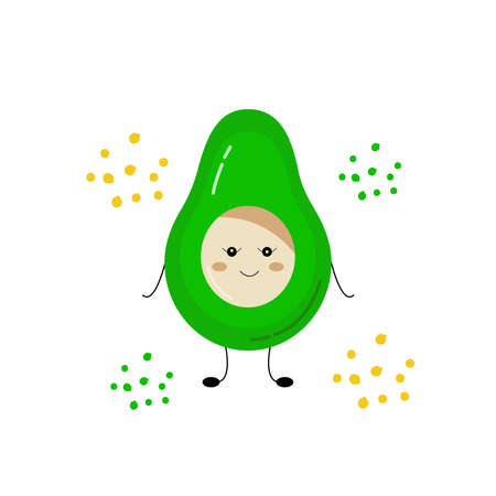 The icon of the avocado. Happy avocado girl smiles. Creative design for card, banner, poster, sticker, logo, badge. Vector illustration flat cartoon style.のイラスト素材