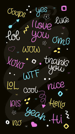 SPEECH BUBBLES hand draw set of Colorful bubble talk phrases dialog words.のイラスト素材