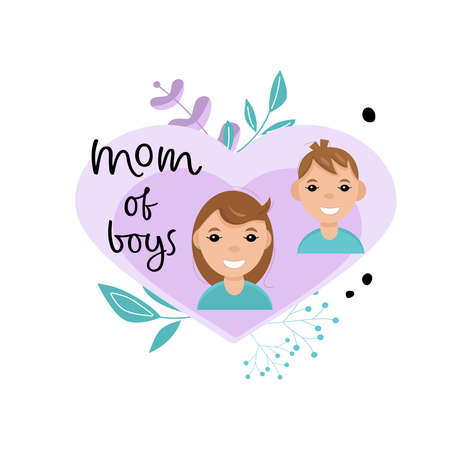 Happy Mom and son on the background of a heart with inscription MOM OF BOYS. Avatar character for an icon, logo, hand drawn simple flat. Stock vector illustration isolated on white background.のイラスト素材